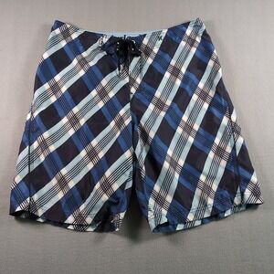 Vtg Hurley Mens Sz L Plaid Board Short Blue Swim Trunks Tie Waist 21" Length